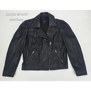 Lucky Brand Lambskin Leather Puff Sleeve Moto Jacket Black Medium Quiet Luxury
